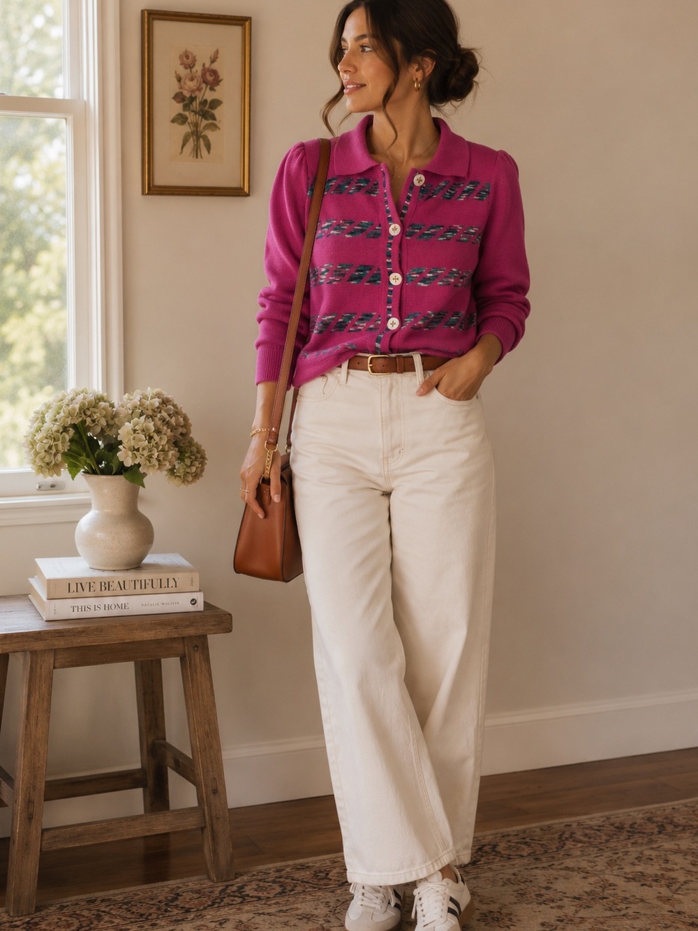 Vintage 80s 90s Magenta Knit Button-Up Cardigan with Pattern